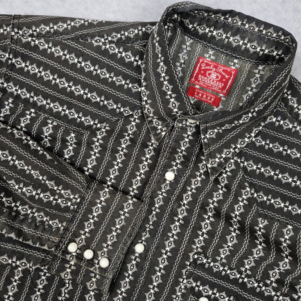 Lucky Brand Dungarees Men's Large Brown Black Pearl Snap Western Shirt Geometric